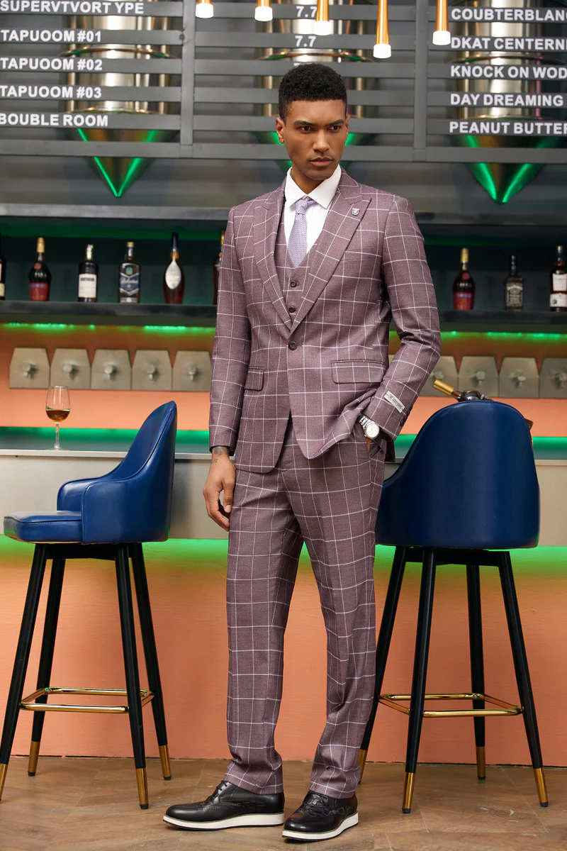 Men's Stacy Adam's One Button Vested Modern Fit Suit in Lavender Windowpane Plaid - Image 2