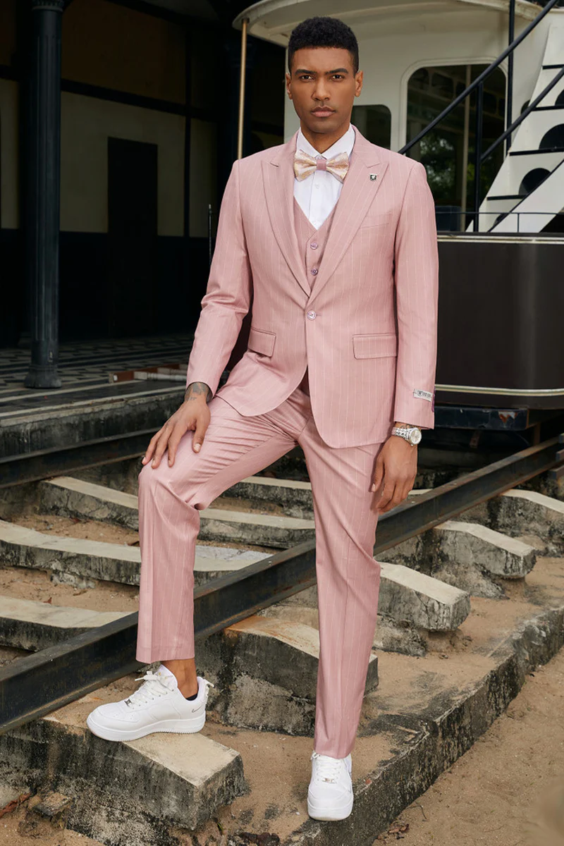 Men's Stacy Adam's One Button Vested Modern Suit in Rose Pink Pinstripe - Image 2