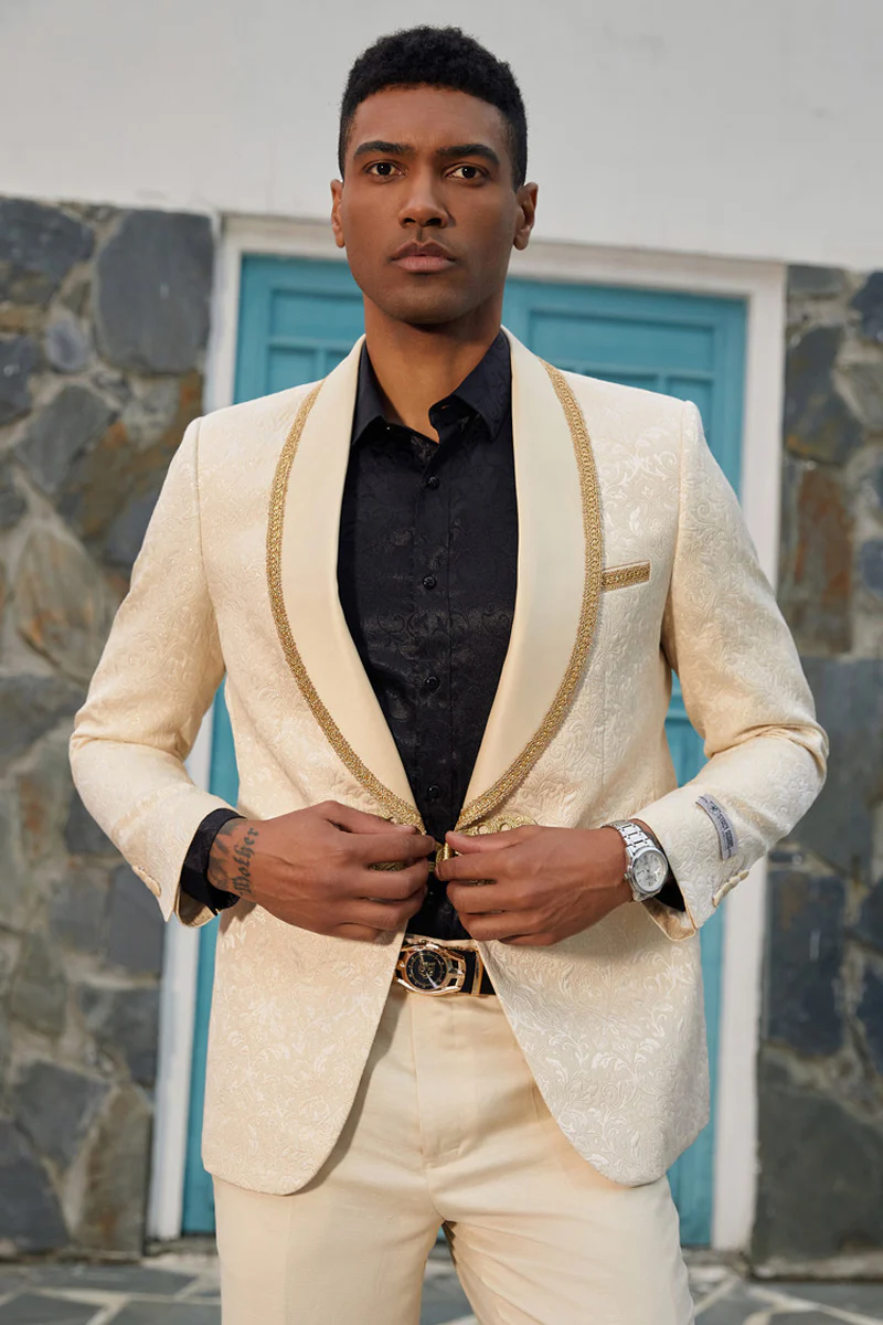 Men's Stacy Adams Paisley Wedding Tuxedo Jacket in Ivory & Gold