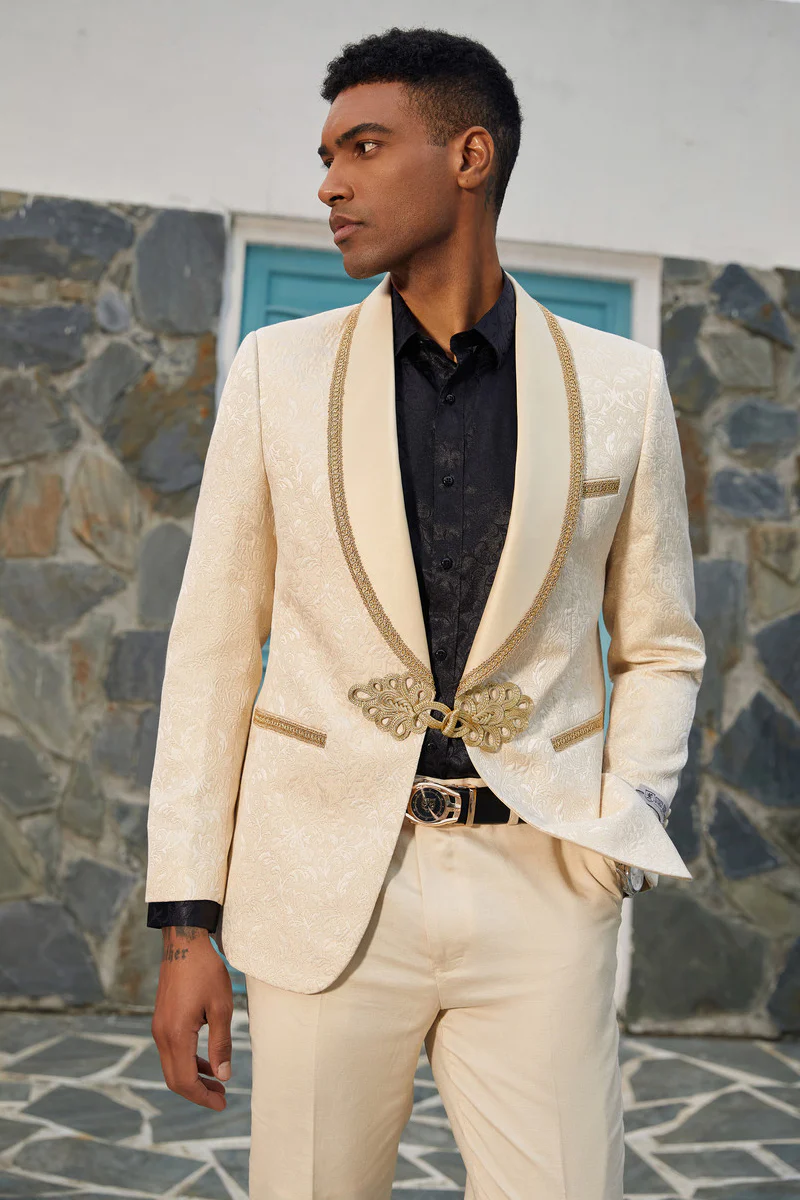 Men's Stacy Adams Paisley Wedding Tuxedo Jacket in Ivory & Gold - Image 2