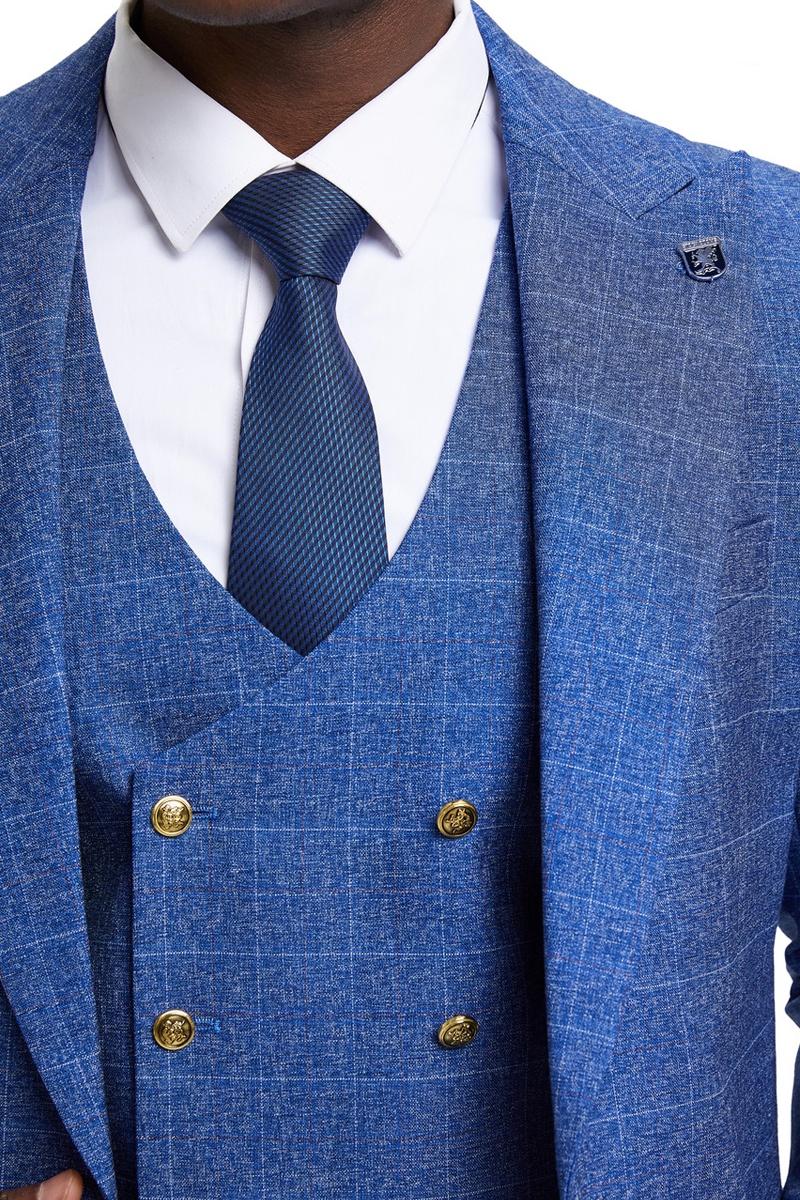Men's Stacy Adams Peak Lapel Suit with Double Breasted Vest in Blue Windowpane Plaid - Image 6