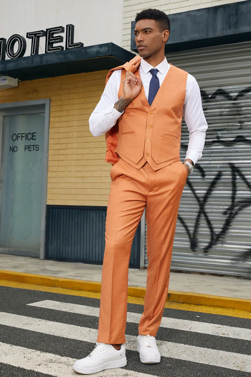 Men's Stacy Adam's Two Button Fancy Vested Suit in Orange - Image 3