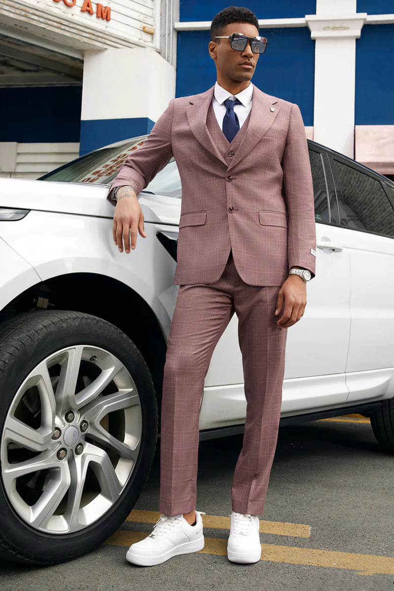 Men's Stacy Adam's Two Button Vested Business Suit in Mauve Plaid - Image 2