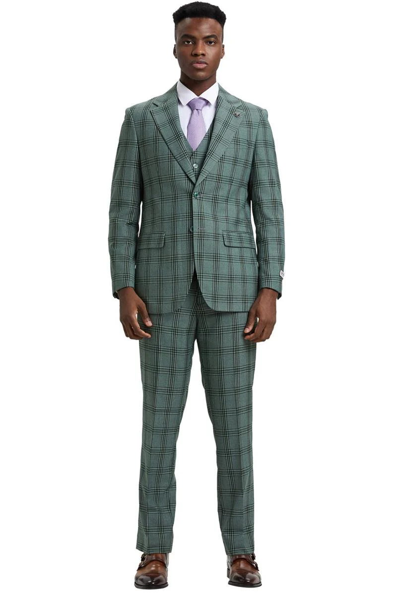 Men's Stacy Adams Two Button Vested Glen Plaid Check Suit in Light Olive Green - Image 2