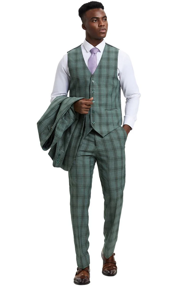 Men's Stacy Adams Two Button Vested Glen Plaid Check Suit in Light Olive Green - Image 3