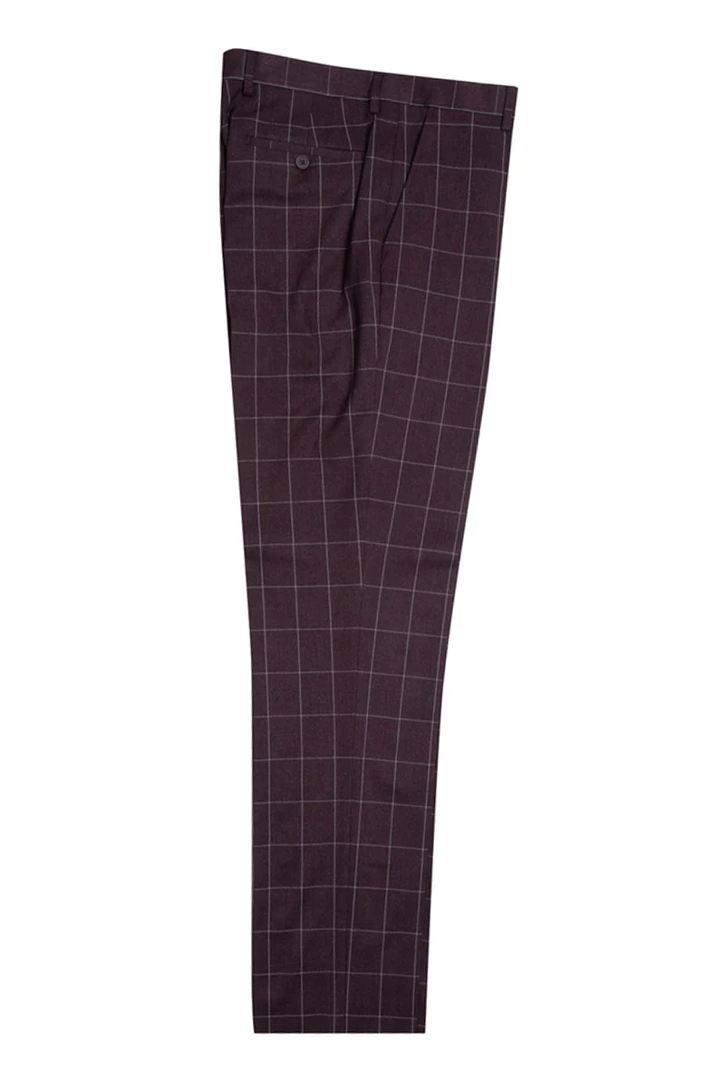 Men's Stacy Adams Two Button Vested Peak Lapel Suit in Burgundy Windowpane Plaid - Image 2