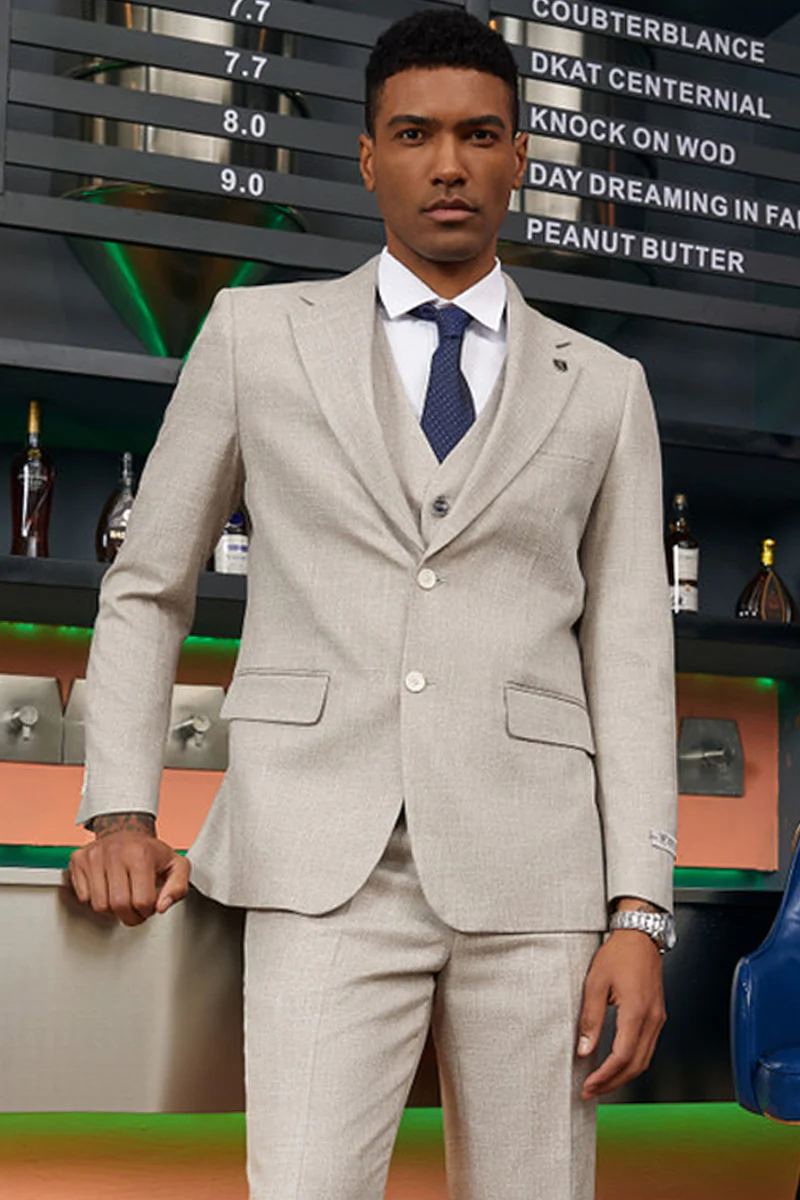 Men's Stacy Adam's Two Button Vested Summer Suit in Stone Grey