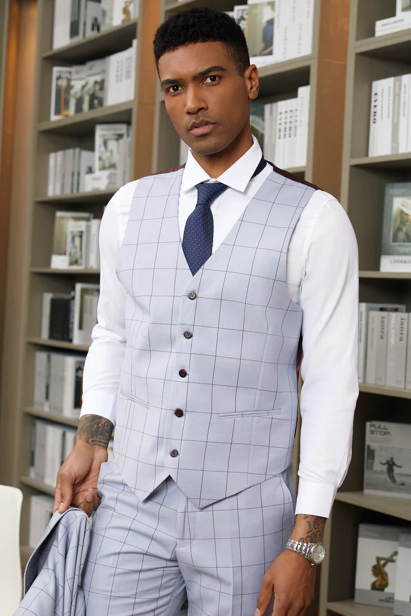 Men's Stacy Adam's Two Button Wide Notch Lapel Vested Suit in Light Blue Windowpane Plaid - Image 3