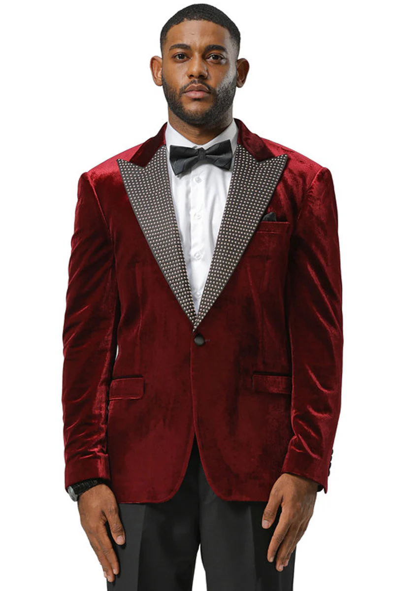 Men's Stacy Adams Velvet Wedding & Prom Tuxedo Jacket With Rhinestone Adorned Lapel in Burgundy