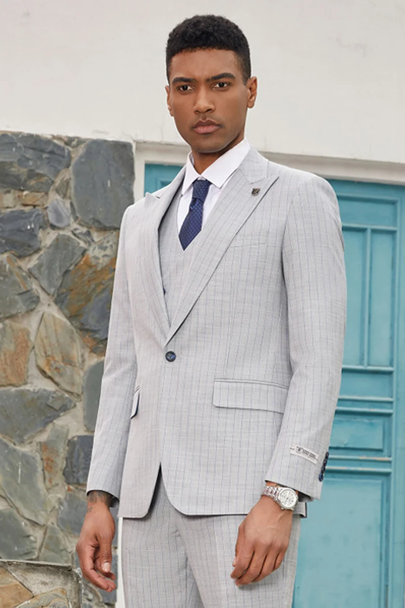 Men's Stacy Adams Vested One Button Peak Lapel Designer Suit in Light Grey Pinstripe