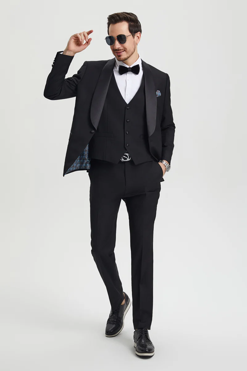 Men's Stacy Adams Vested One Button Shawl Lapel Designer Tuxedo in Black - Image 3