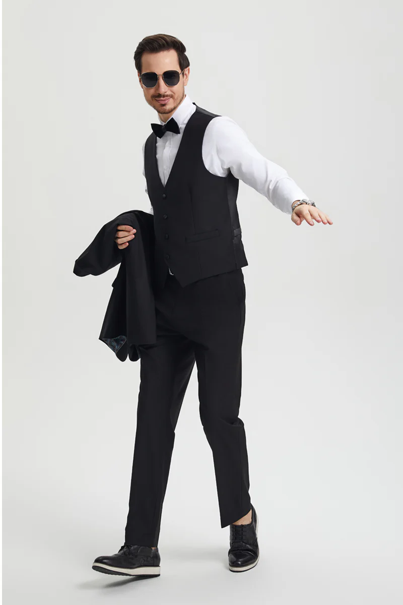 Men's Stacy Adams Vested One Button Shawl Lapel Designer Tuxedo in Black - Image 4