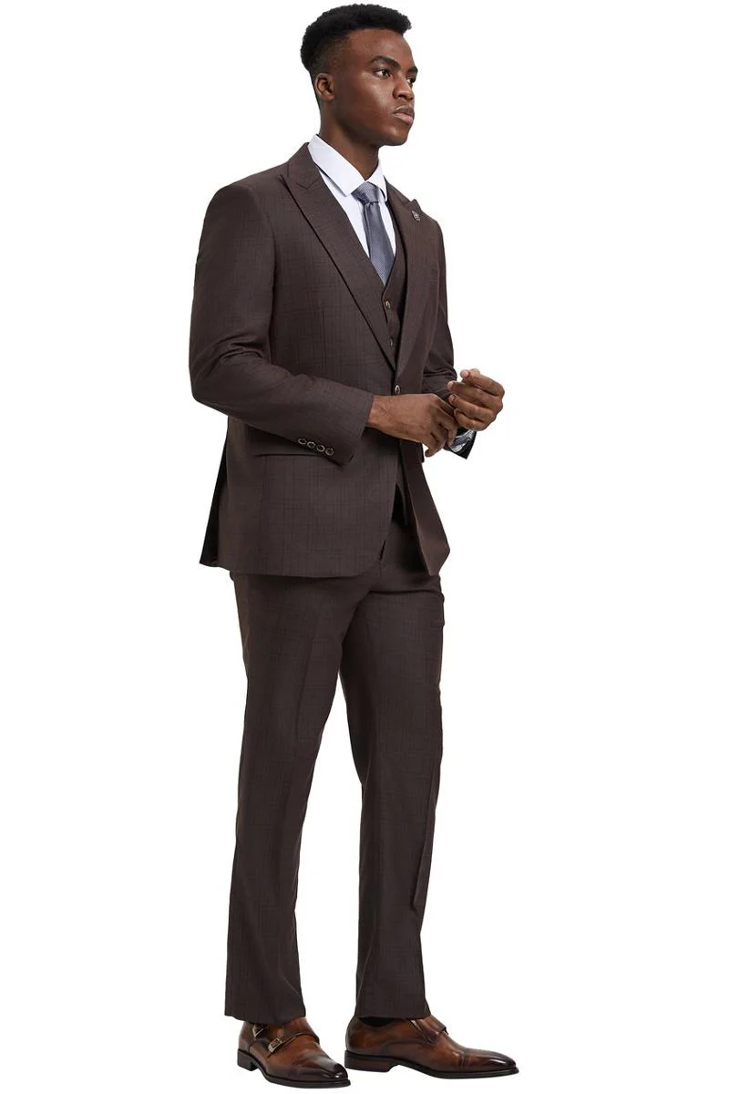 Men's Stacy Adams Vested One Button Wide Peak Lapel Windowpane Plaid Suit in Brown - Image 3