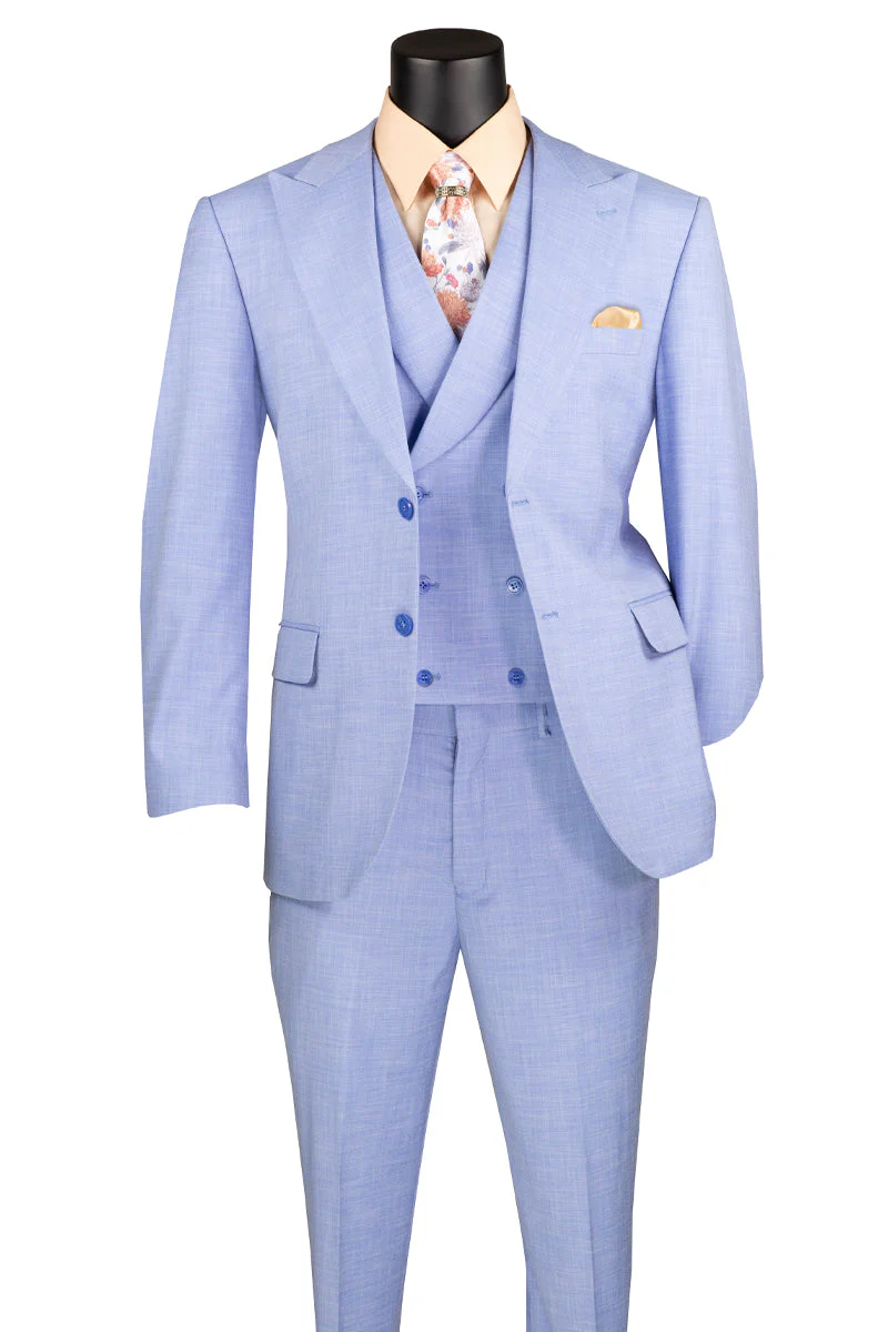 Men's Summer Sharkskin Suit with Double Breasted Vest in Light Blue - Image 2
