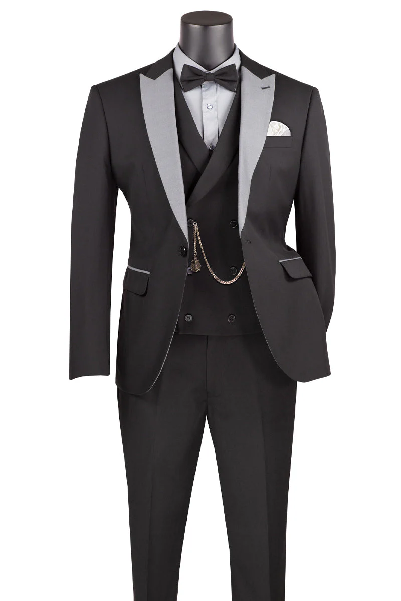 Men's Summer Slim Fit Peak Lapel Tuxedo Suit in Black - Image 2
