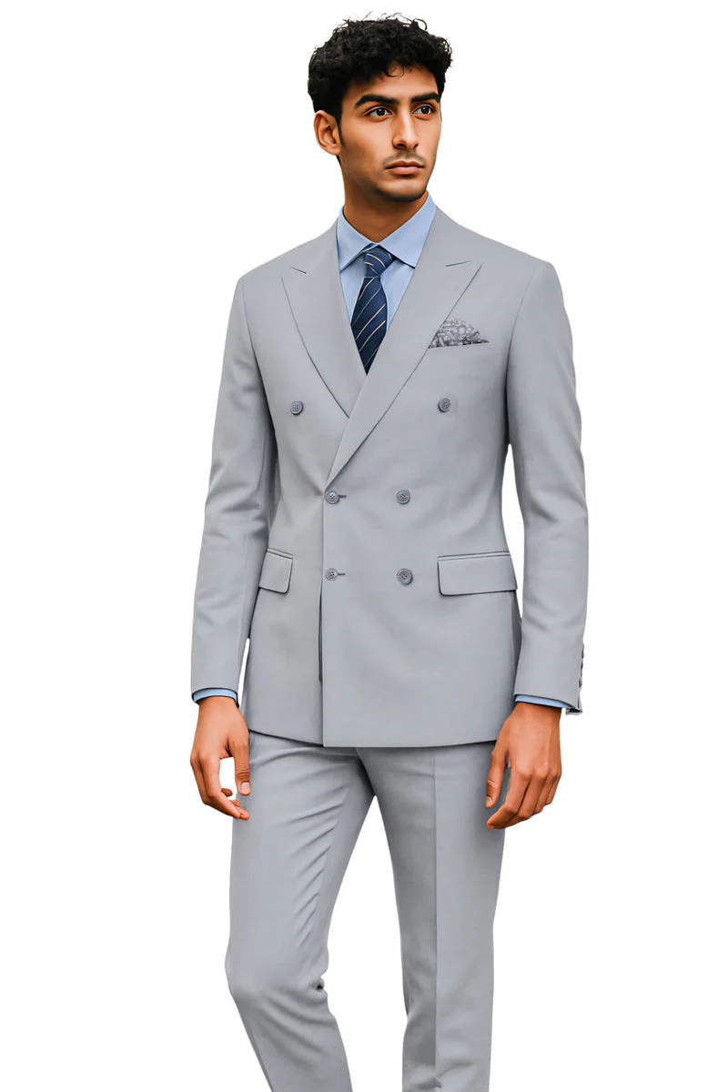 Men's Tailored Fit Double Breasted Suit in Light Grey