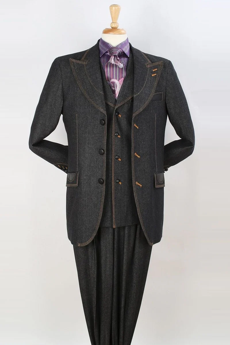 Mens Three Button Vested Peak Lapel Wide Leg Pant Fashion Denim Suit in Black