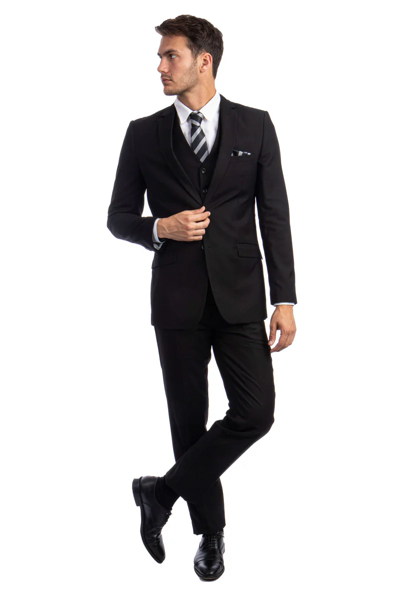 Men's Two Button Basic Hybrid Fit Vested Suit in Black - Image 2