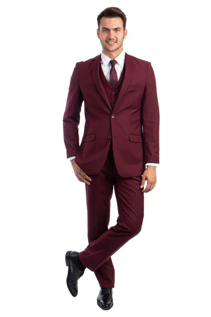 Men's Two Button Basic Hybrid Fit Vested Suit in Burgundy - Image 2