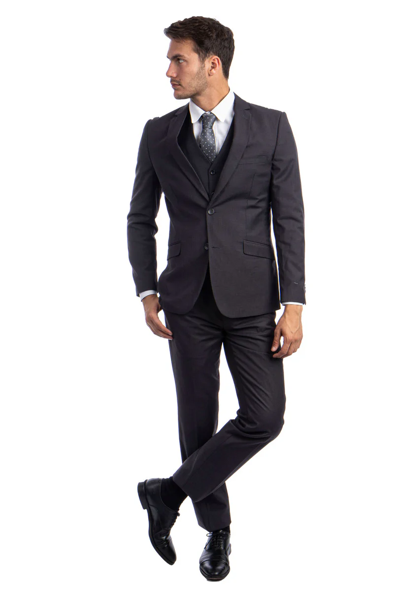 Men's Two Button Basic Hybrid Fit Vested Suit in Charcoal Grey - Image 2