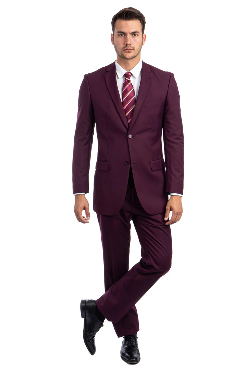 Men's Two Button Basic Modern Fit Business Suit in Burgundy - Image 2