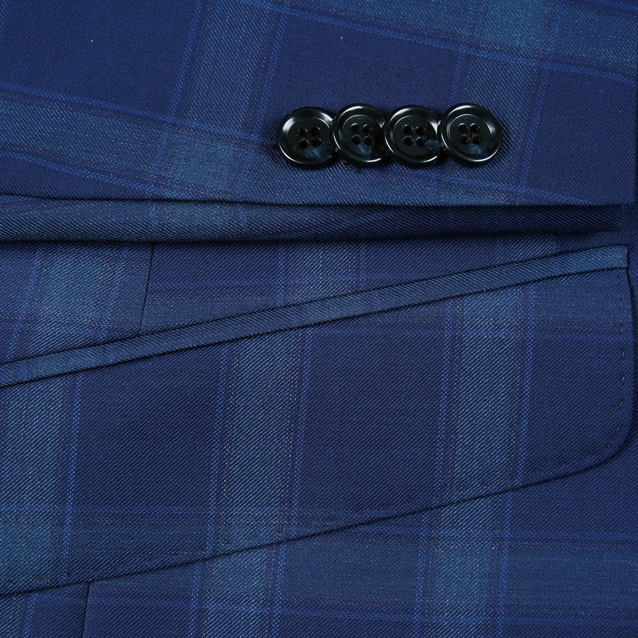 Mens Two Button Classic Fit Two Piece Wool Suit in Dark Royal Blue Windowpane Plaid - Image 5