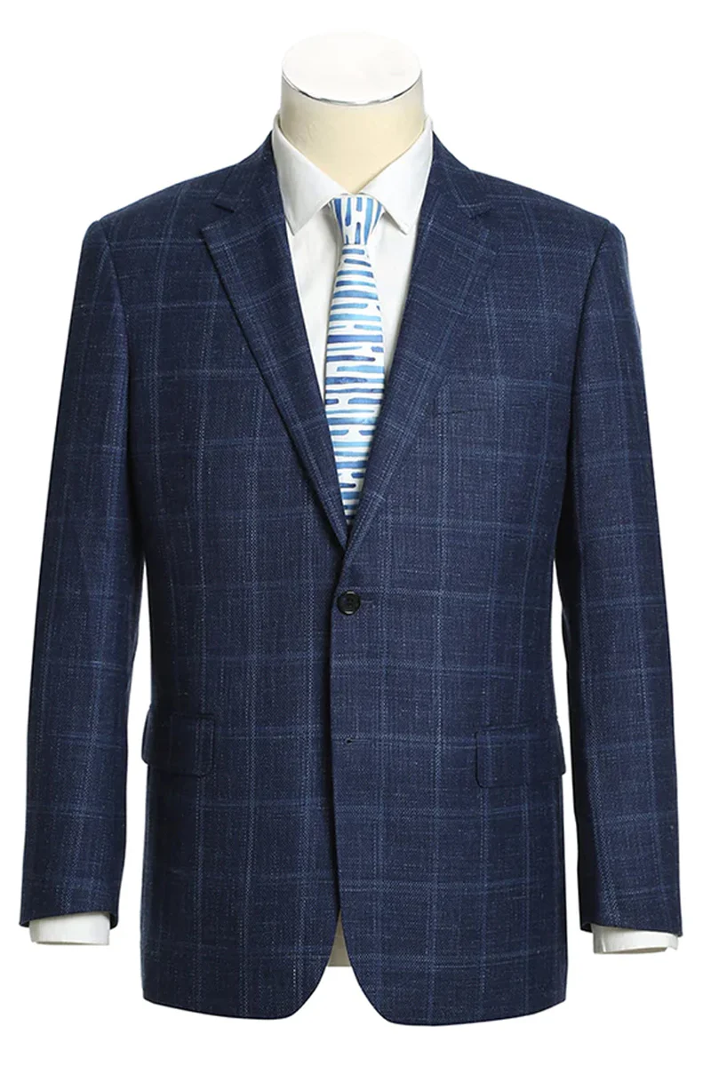 Mens Two Button Classic Fit Wool Sport Coat Blazer in Navy Blue Windowpane Plaid