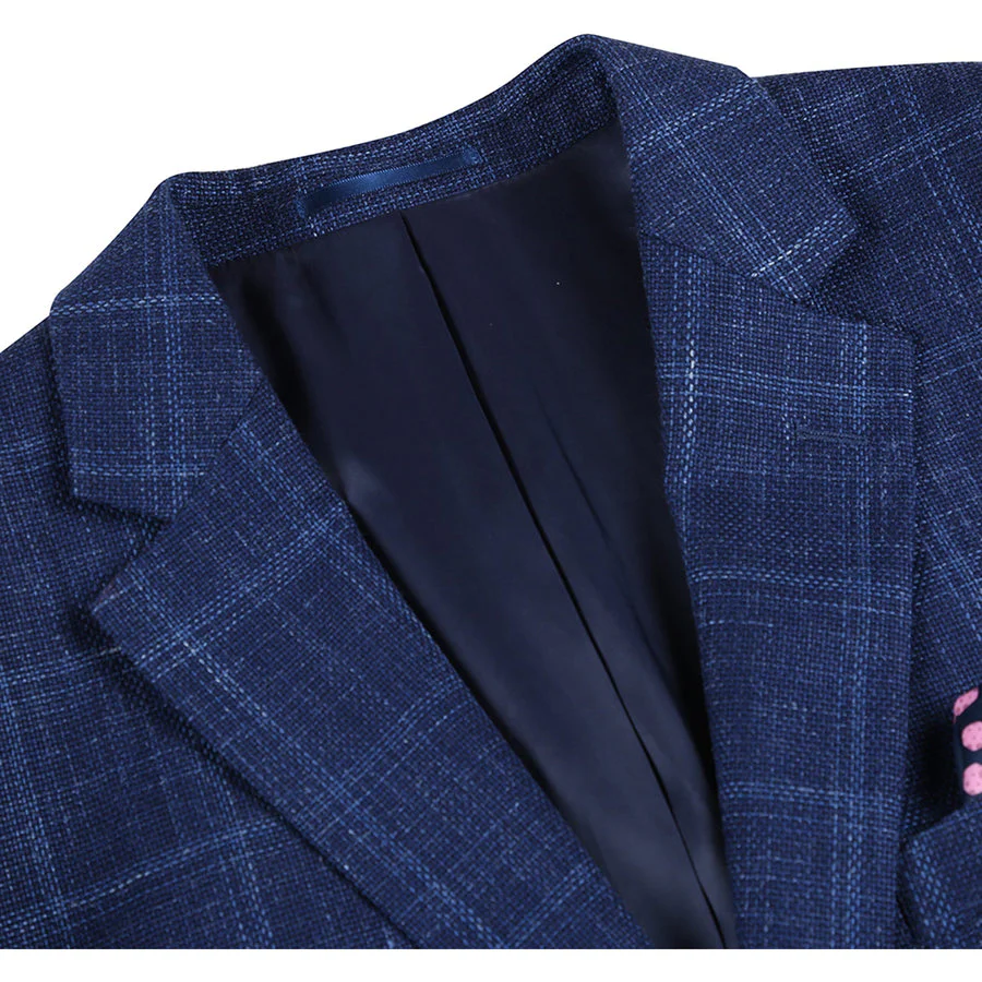 Mens Two Button Classic Fit Wool Sport Coat Blazer in Navy Blue Windowpane Plaid - Image 2