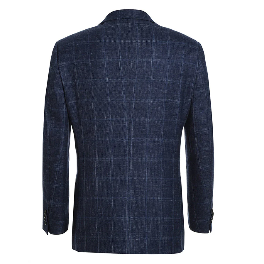 Mens Two Button Classic Fit Wool Sport Coat Blazer in Navy Blue Windowpane Plaid - Image 3