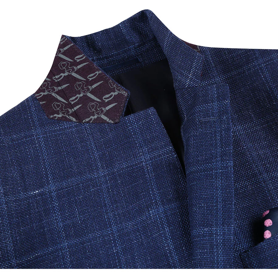 Mens Two Button Classic Fit Wool Sport Coat Blazer in Navy Blue Windowpane Plaid - Image 4