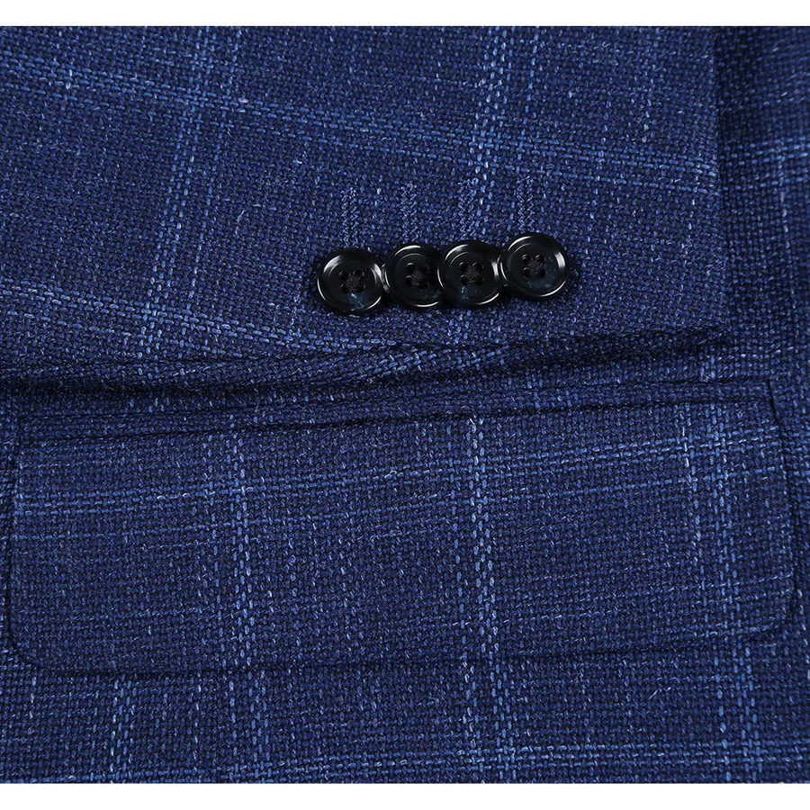 Mens Two Button Classic Fit Wool Sport Coat Blazer in Navy Blue Windowpane Plaid - Image 5