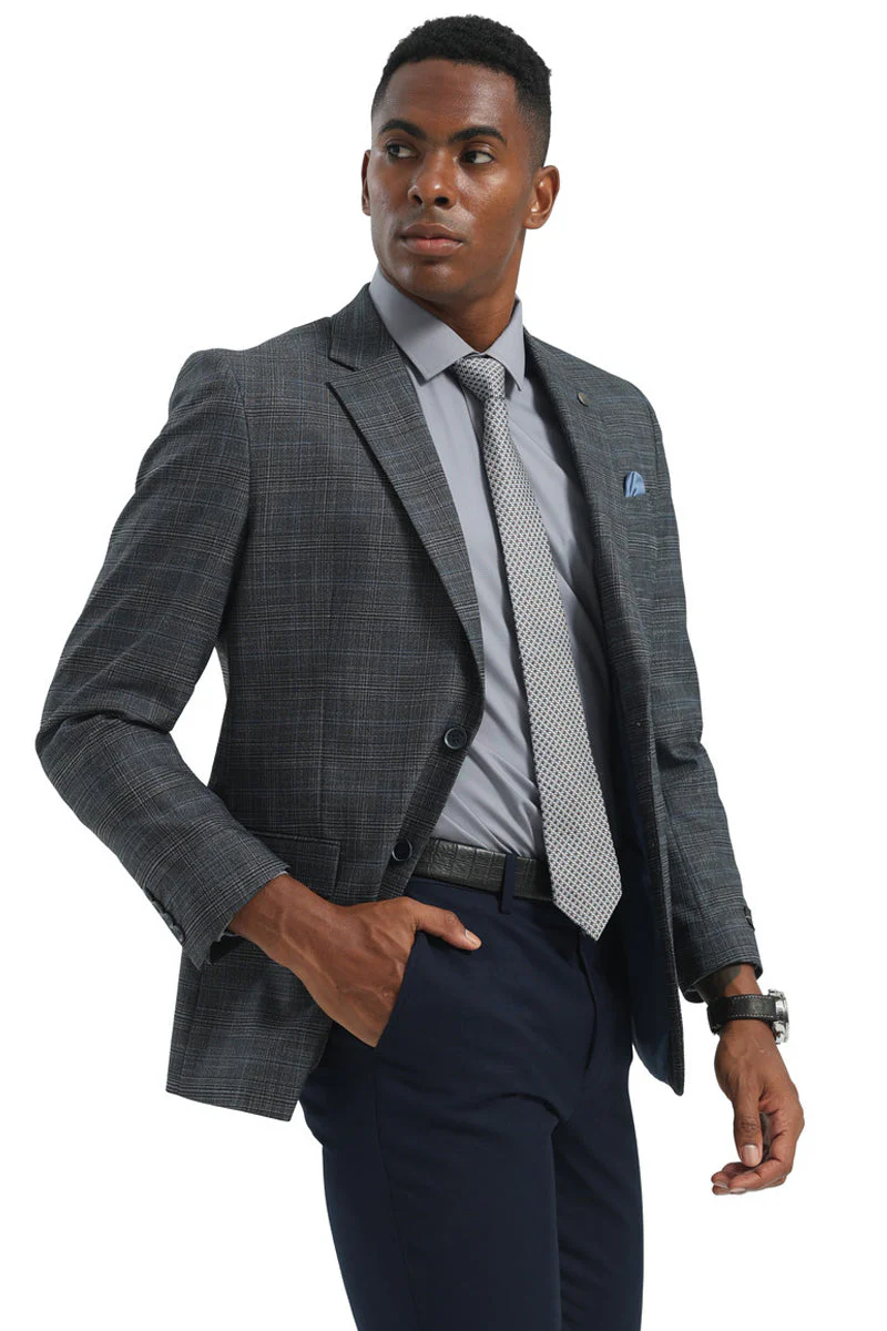 Men's Two Button Modern Fit Business Sport Coat in Charcoal Grey Plaid - Image 4