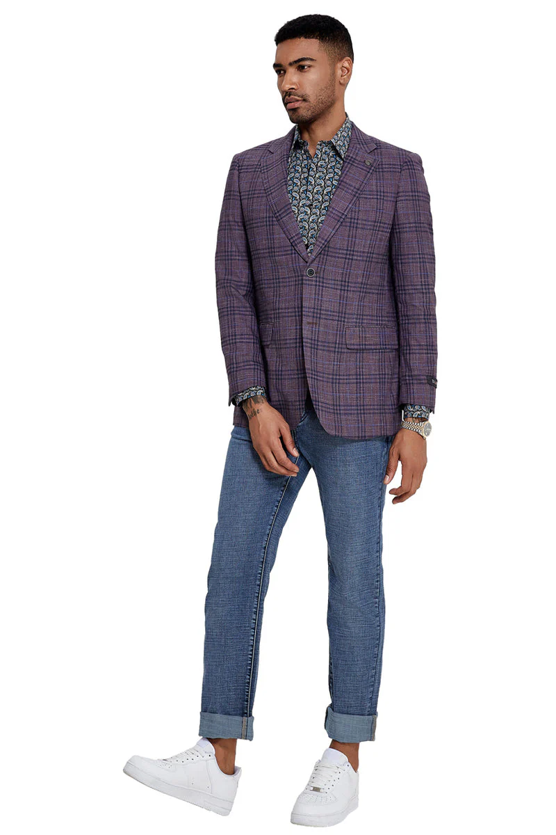 Men's Two Button Modern Fit Business Sport Coat in Grey Plaid - Image 2
