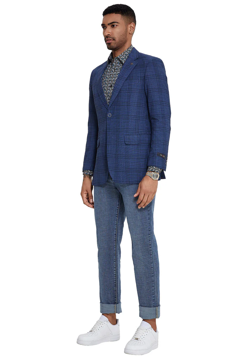 Men's Two Button Modern Fit Business Sport Coat in Navy Plaid - Image 2