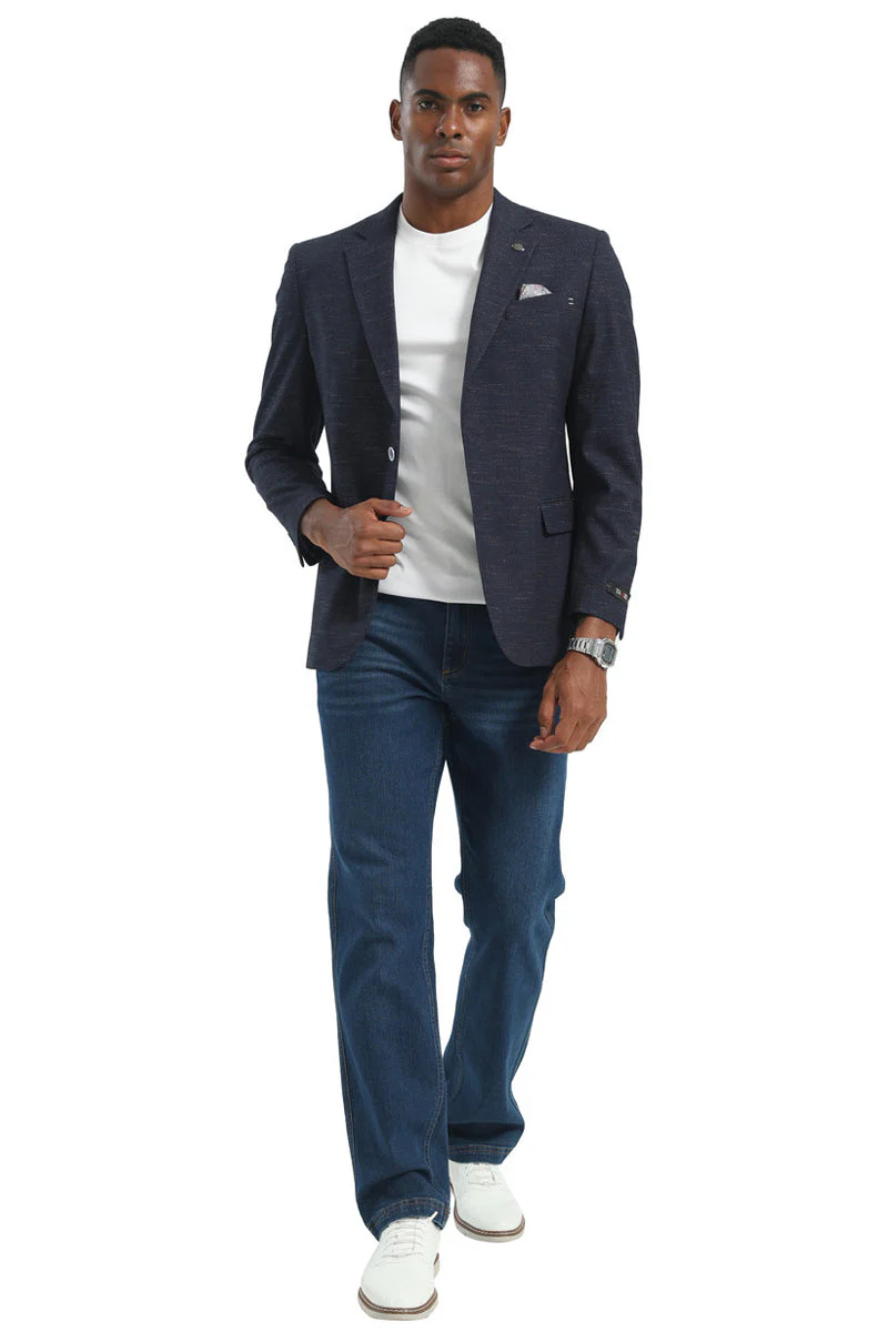 Men's Two Button Modern Fit Business Sport Coat in Textured Charcoal Blue - Image 3