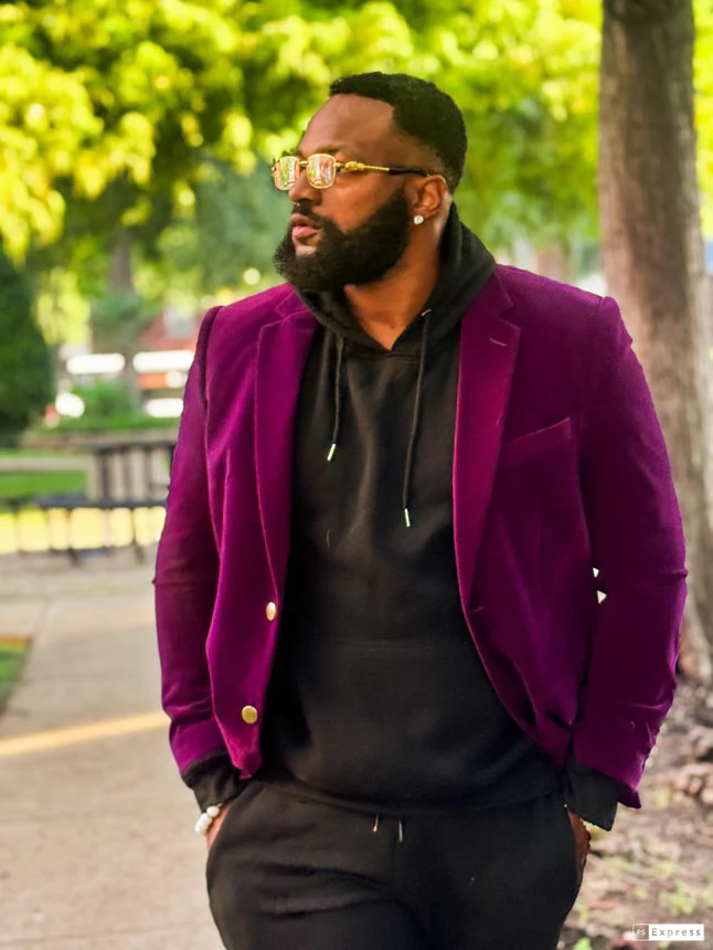 Mens Two Button Modern Fit Velvet Blazer in Dark Purple Plum - Image 2