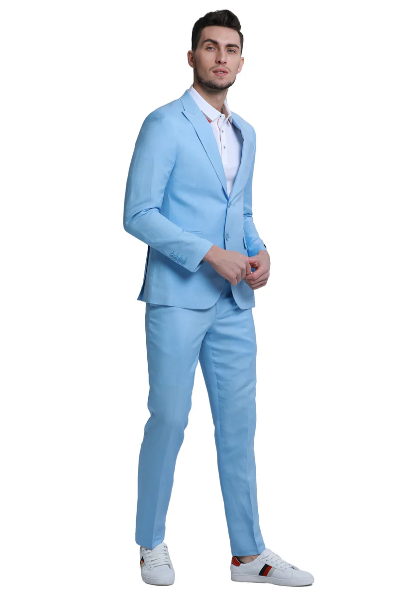 Men's Two Button Peak Lapel Summer Linen Style Beach Wedding Suit in Baby Blue - Image 2