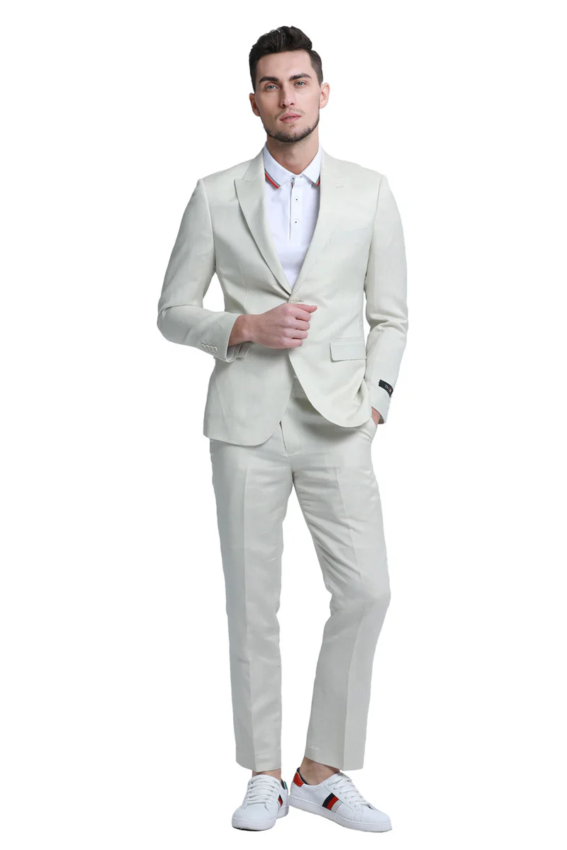 Men's Two Button Peak Lapel Summer Linen Style Beach Wedding Suit in Ivory Off White - Image 2