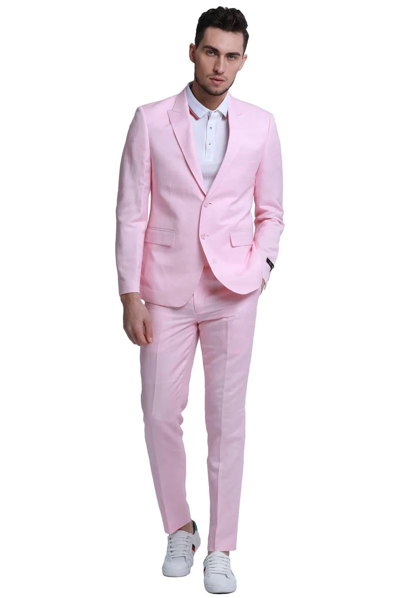 Men's Two Button Peak Lapel Summer Linen Style Beach Wedding Suit in Pink - Image 2