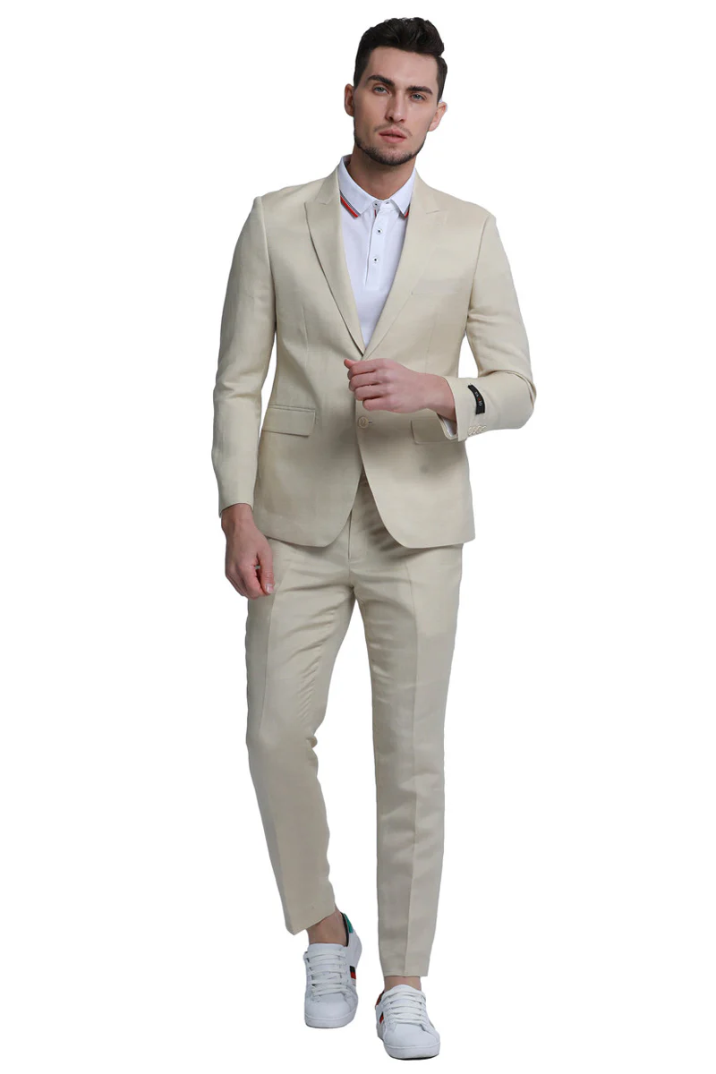 Men's Two Button Peak Lapel Summer Linen Style Beach Wedding Suit in Tan - Image 2