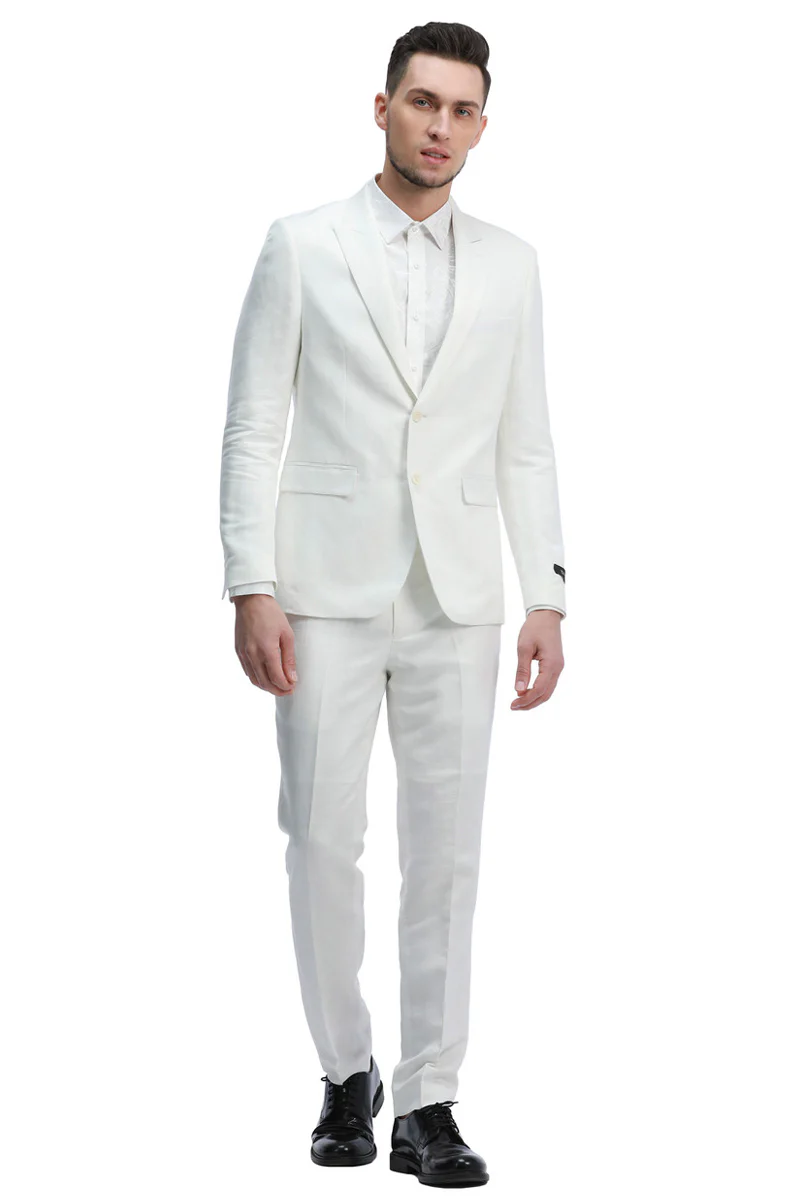 Men's Two Button Peak Lapel Summer Linen Style Beach Wedding Suit in White - Image 2