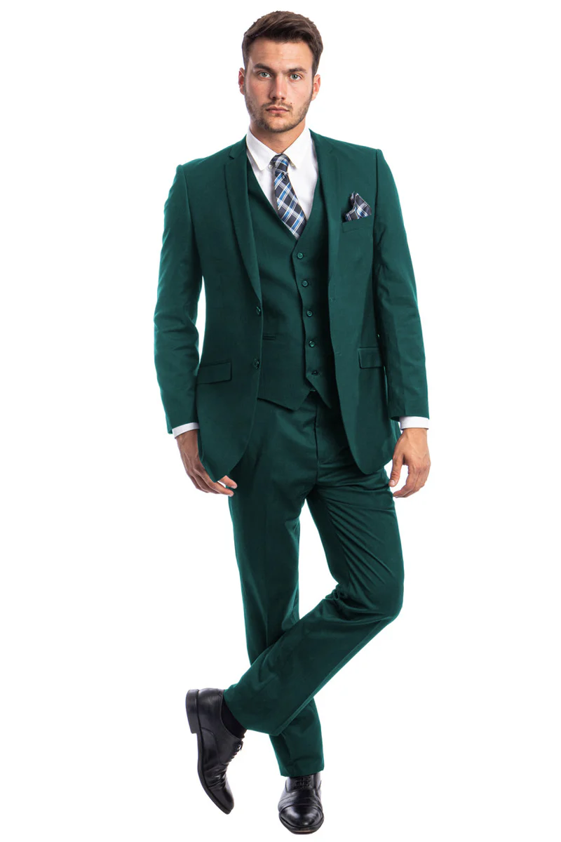 Men's Two Button Slim Fit Basic Vested Wedding Suit in Teal Green - Image 2