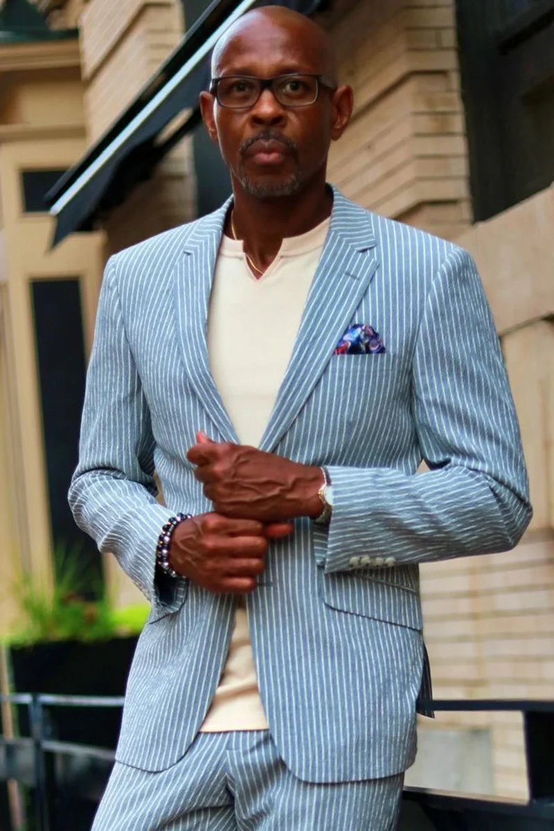 Mens Two Button Slim Fit Two Piece Summer Cotton Suit in Light Grey Pinstripe - Image 3