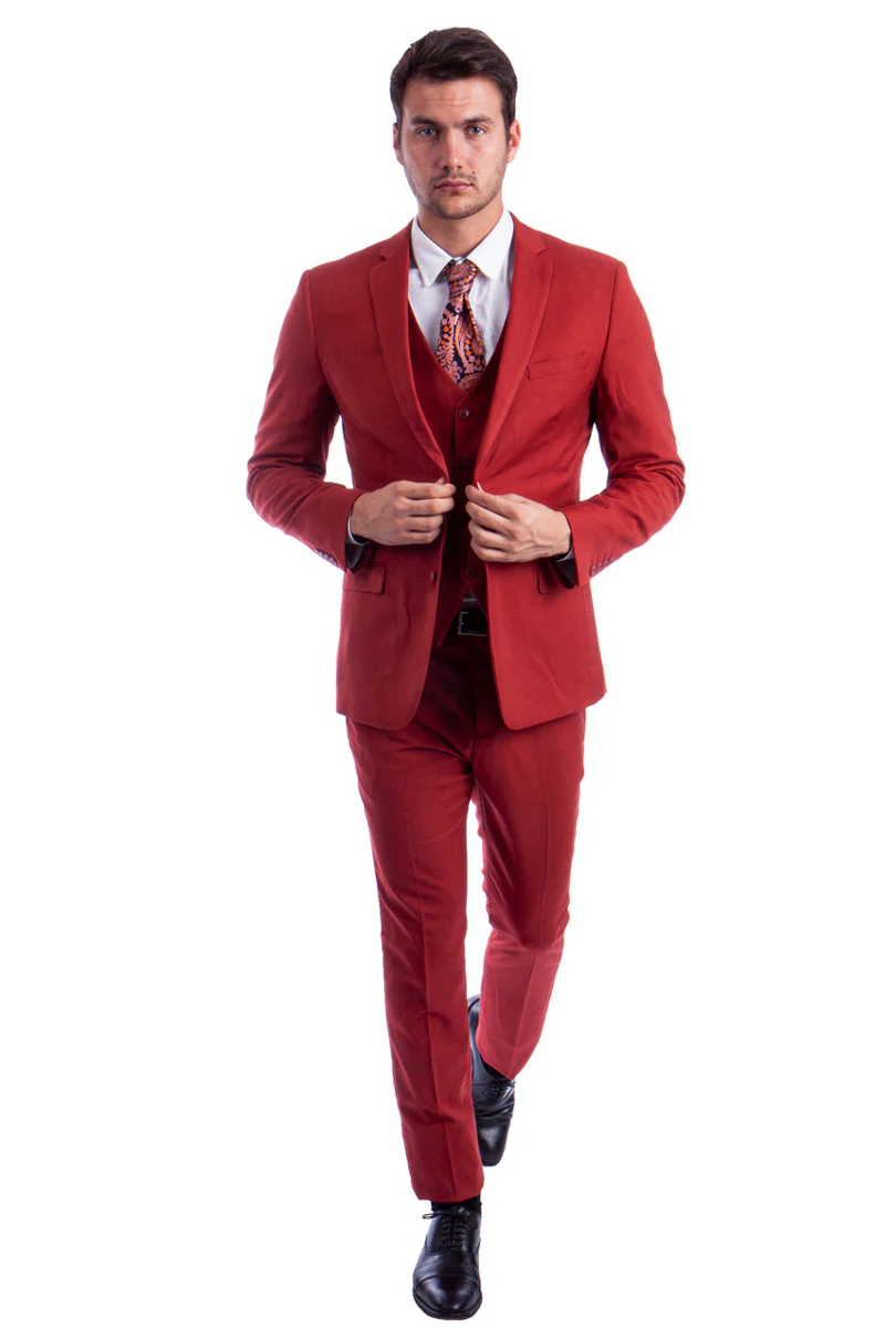 Men's Two Button Slim Fit Vested Solid Basic Color Suit in Brick - Image 2