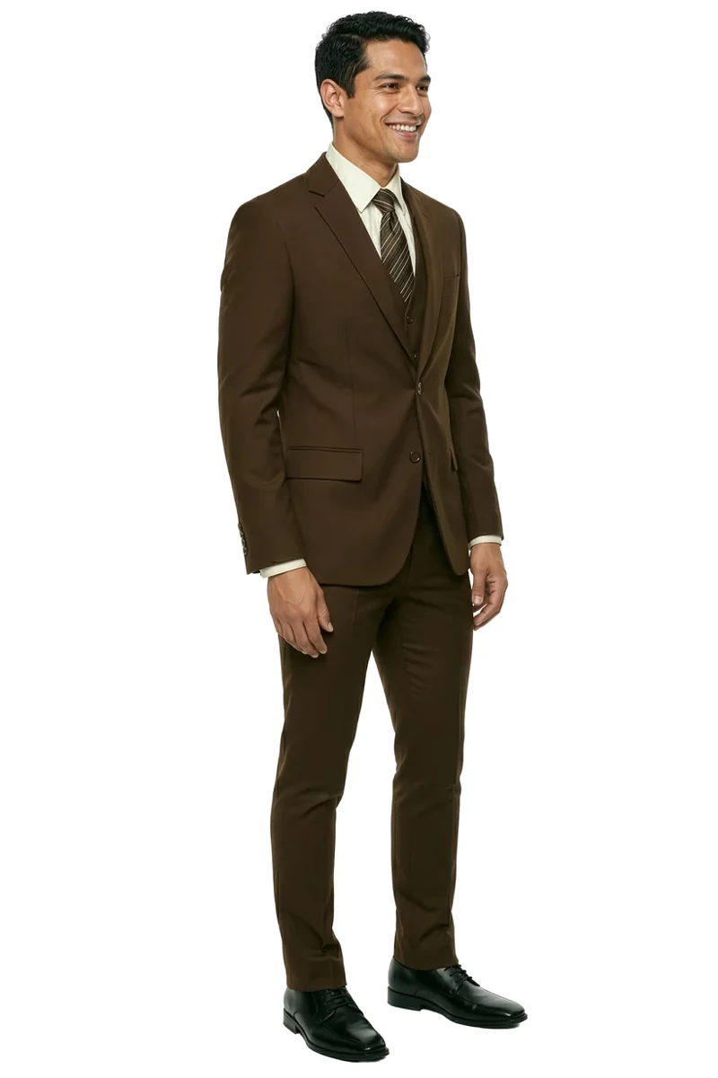 Men's Two Button Slim Fit Vested Solid Basic Color Suit in Chocolate Brown - Image 2