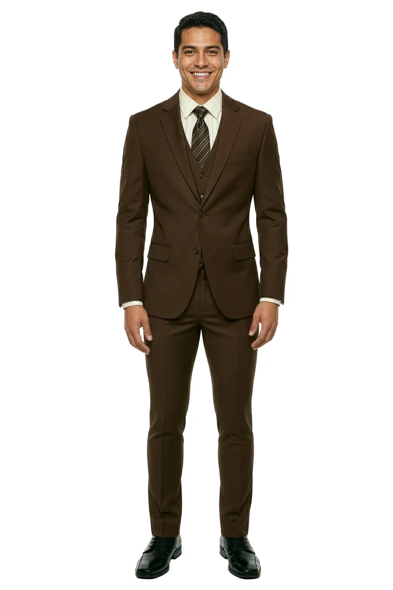 Men's Two Button Slim Fit Vested Solid Basic Color Suit in Chocolate Brown - Image 3