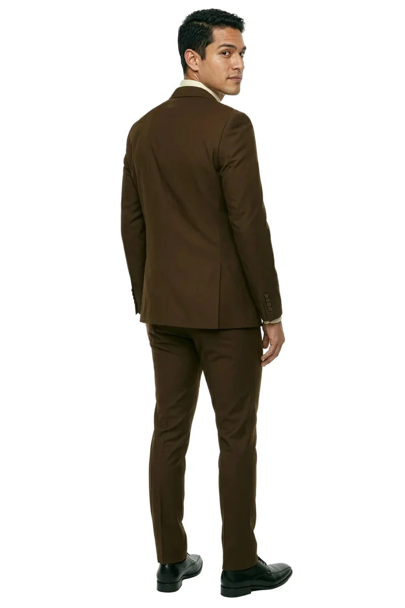 Men's Two Button Slim Fit Vested Solid Basic Color Suit in Chocolate Brown - Image 4