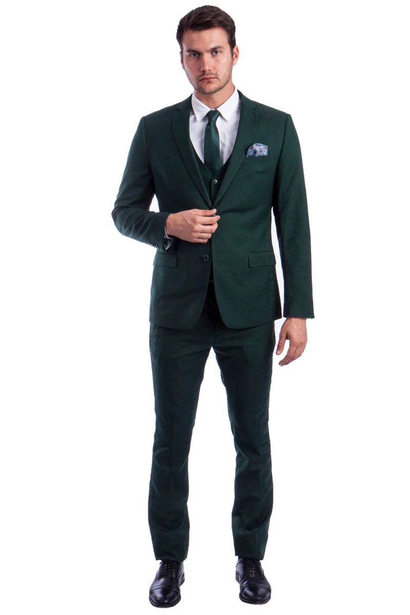 Men's Two Button Slim Fit Vested Solid Basic Color Suit in Forest Green - Image 2