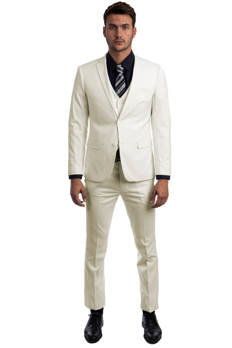 Men's Two Button Slim Fit Vested Solid Basic Color Suit in Ivory - Image 2