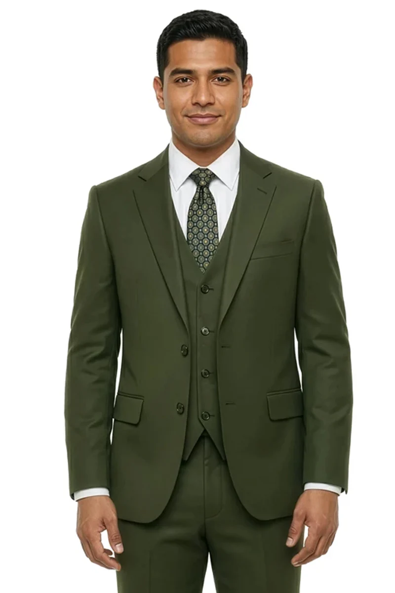 Men's Two Button Slim Fit Vested Solid Basic Color Suit in Olive Green